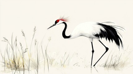 Fototapeta premium A black and white bird with a red head stands in a marshy area with tall grasses