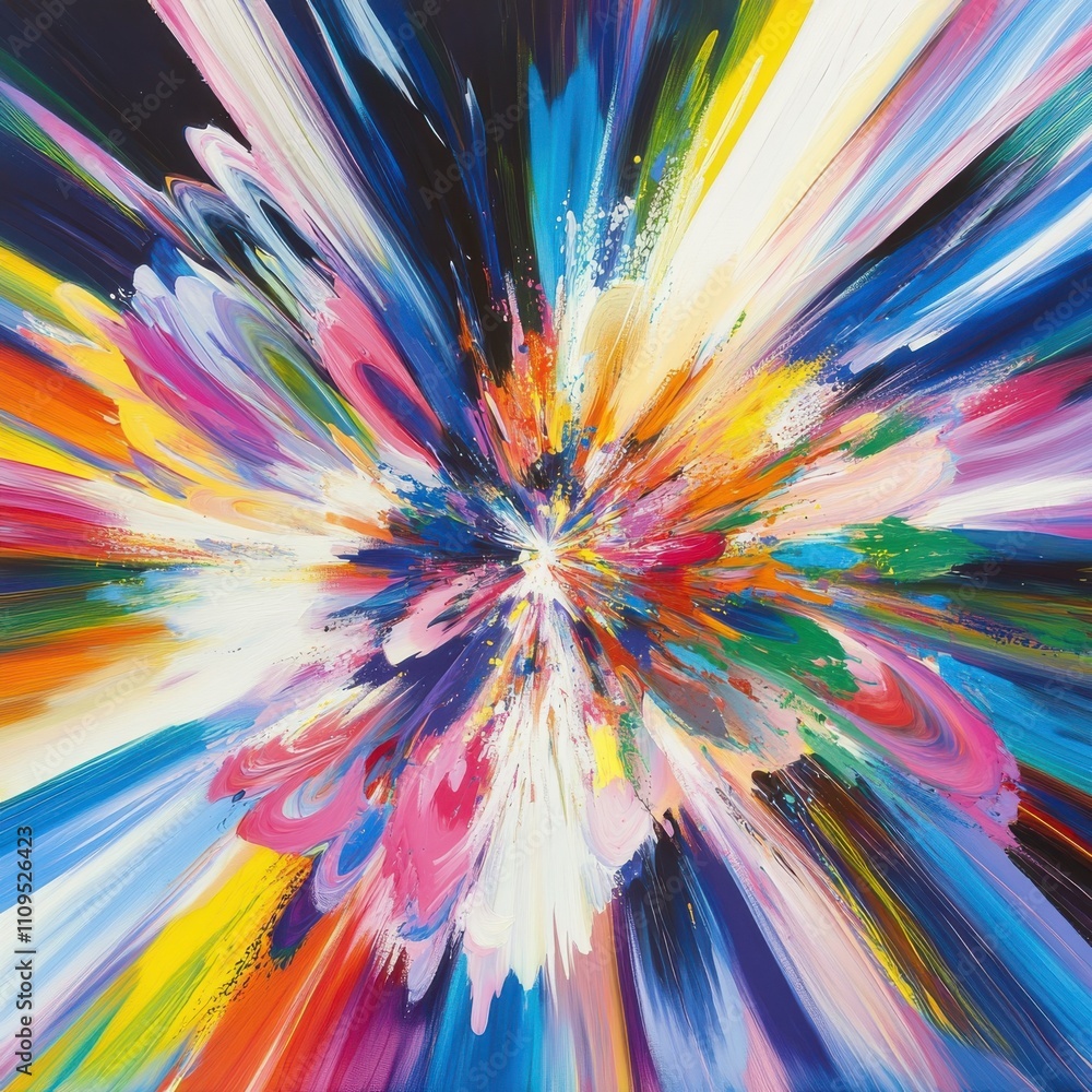 Poster vibrant explosion of colors in abstract artwork featuring dynamic brush strokes and a colorful burst