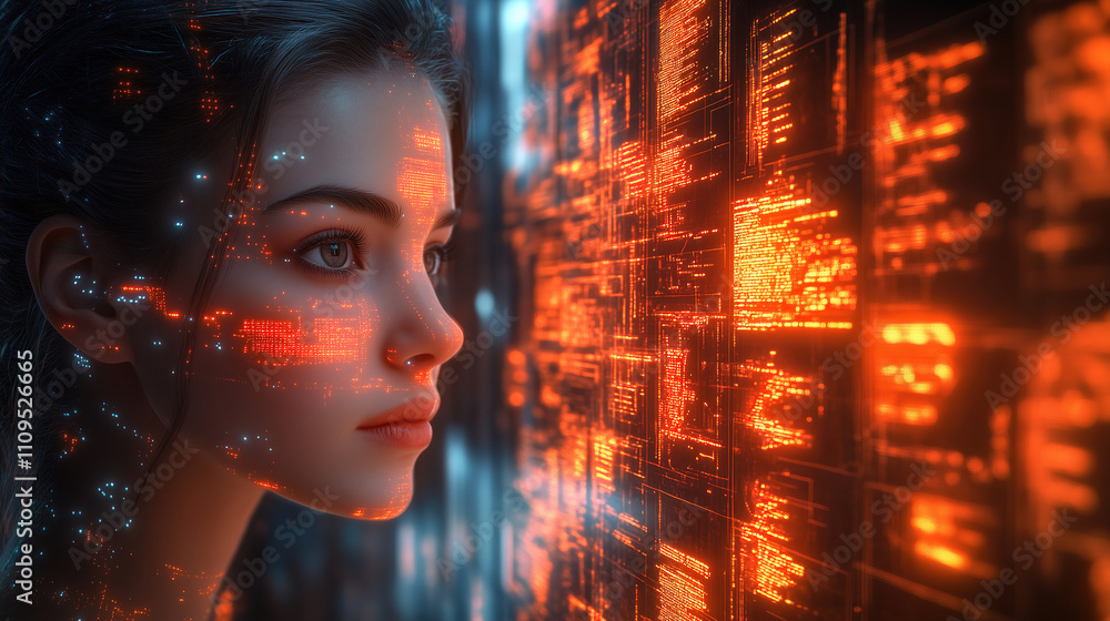 Poster woman interacting with futuristic technology in a digitally illuminated environment. generative ai