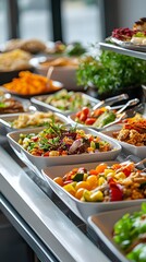 A clean and modern buffet display with colorful meals and ample space for event promotion text.