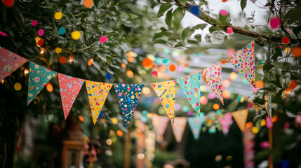 Naklejka premium Colorful decorations create a festive atmosphere in a lush garden setting during a celebration