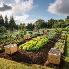 Un jardin permaculturel avec des légumes et des herbes cultivés de manière naturelle, entouré de buttes de compost et de ruches d'abeilles.