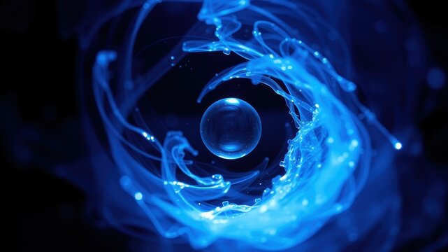 A vibrant blue liquid forms an intricate spiral, capturing a spherical bubble in its swirling embrace.