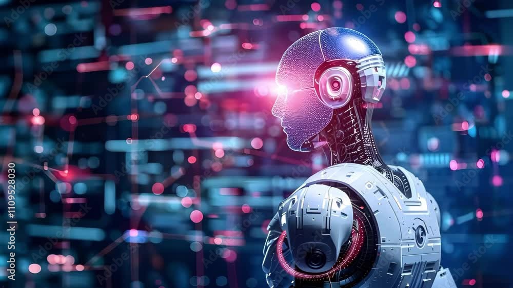 Poster a futuristic robot with a metallic body and glowing features set against a high-tech digital backgro