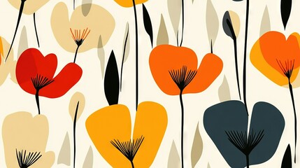 Fototapeta premium A pattern of red, orange, and yellow flowers on a white background with long black stems
