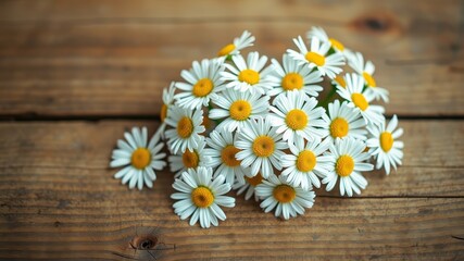 Obraz premium A cluster of delicate white daisies with yellow centers rests upon a rustic wooden surface, their petals creating a soft and natural texture.