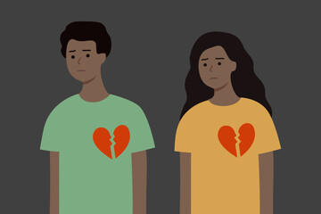 Depressed man and woman with broken red heart. Love, breakup, loneliness, depression, mental health, feeling concept. Flat people character vector design isolated illustration.