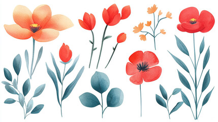  Watercolor painting of red and orange flowers and green leaves on a white background