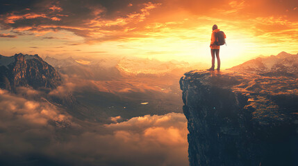 Fototapeta premium Adventurer Stands on Mountaintop at Sunset Over Clouds