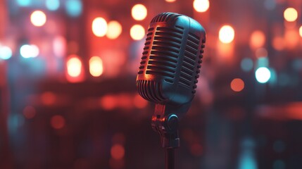 Classic microphone stands ready for performance in vibrant venue filled with colorful lights.A vintage-style microphone is positioned prominently on a stand, set against a backdrop of soft glowing