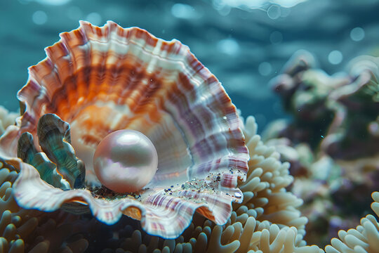 A pearl in a shell lies on coral reefs under water