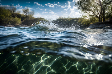 Serene waves and rippling water in a lush forest river scene