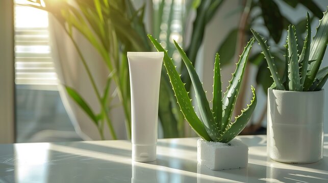 A modern Aloe Vera tube on a white background, accompanied by fresh Aloe Vera leaves, illuminated by bright light to showcase its soothing properties.