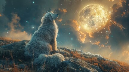 Obraz premium A serene dog gazes at a luminous moon, surrounded by a dreamy sky, evoking a sense of wonder and tranquility.