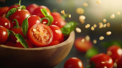   A close-up image of a red bowl filled with ripe tomatoes with seeds visible on the top and bottom - Powered by Adobe