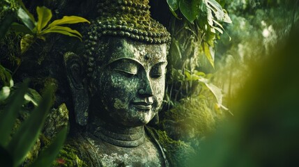 Ancient Buddhist Statue, Moss Covered Serenity - Serene Buddha statue, moss-covered, ancient temple, spiritual peace, nature's embrace.