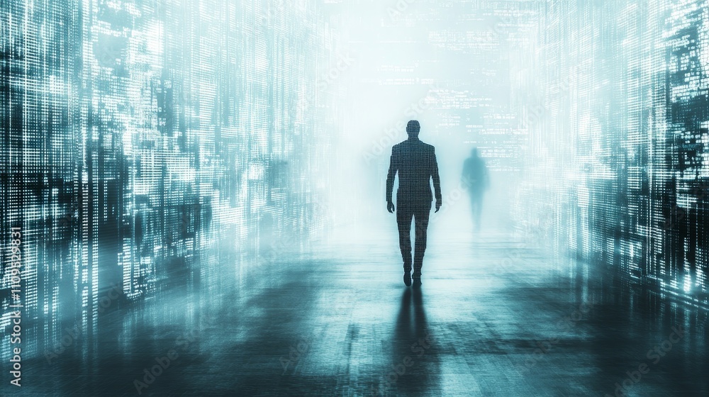 Aufkleber anonymous in the digital age: a journey into data privacy - a lone figure walks through a digital la