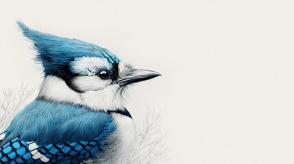 Obraz premium A blue-and-white bird perches atop a leafy branch against a white backdrop