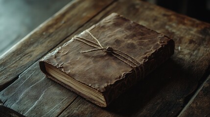 Fototapeta premium Antique Leather Journal on Wooden Table - Aged leather journal, tied with twine, rests on rustic wood. Symbolizing history, secrets, storytelling, wisdom, and time.
