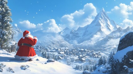 Illustrated snowy landscape with Santa Claus clearing snow

