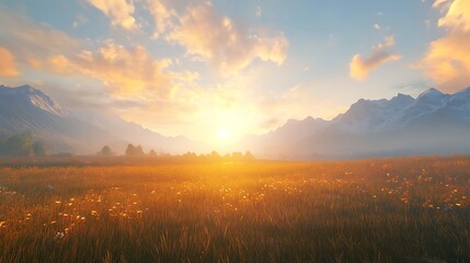 Fototapeta premium Wide meadow framed by distant mountains and glowing under the brilliant morning sun