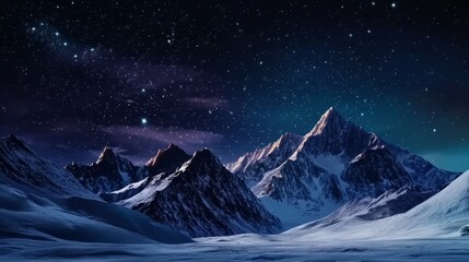Illustrated snowy mountains with a starry sky and moon

