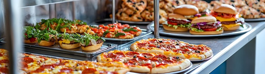 A clean and simple catering display featuring vibrant, fresh food contrasted by a cluttered fast food corner filled with pizzas and burgers.
