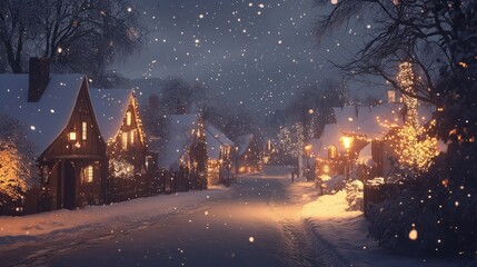 Fototapeta premium Illustrated snowy mountains with a starry sky and moon