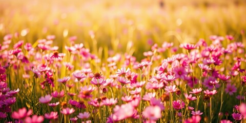 Naklejka premium A vibrant field of pink wildflowers basking in the warm glow of the afternoon sun, their petals catching the light and creating a dreamy, ethereal atmosphere.