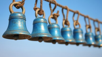 Obraz premium Blue Brass Bells Hanging in a Row - Serene blue brass bells hanging, symbolizing peace, spirituality, harmony, tradition, and faith.