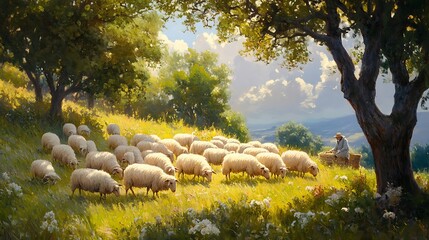 Obraz premium A flock of sheep grazing in a sunny meadow under the watchful gaze of a shepherd
