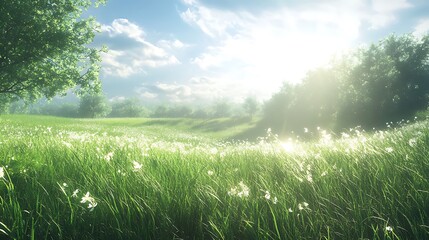 Tranquil meadow with tall grass blowing in the wind under the midday sun