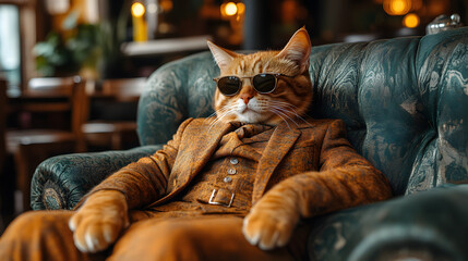 A cat is wearing sunglasses and a suit jacket, sitting on a couch