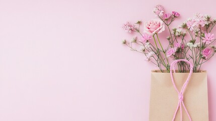   A bag with flowers  inside and pink string on front