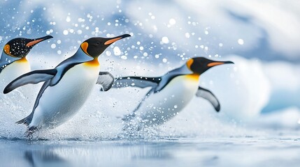 Fototapeta premium Penguins splash in water, heads above surface