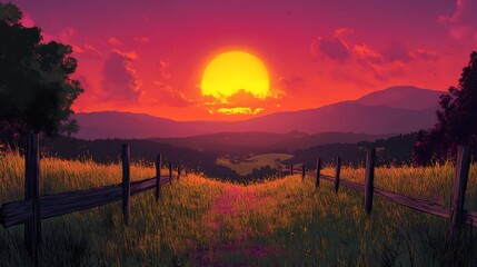Obraz premium Sun setting over a meadow with a wooden fence dividing the vibrant landscape