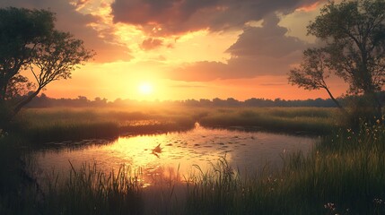 Obraz premium Dramatic sunset over a meadow with the light reflecting on a small pond