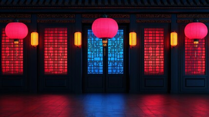 Illuminated Chinese Lanterns Architecture Festive Asian Night Scene