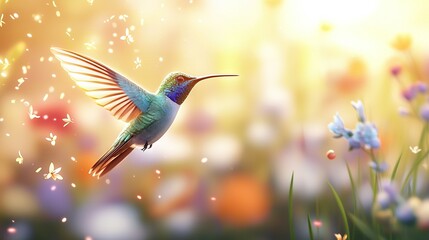 Obraz premium A hummingbird flying through vibrant flower fields against a backdrop of fluttering butterflies, captured in art