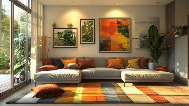 Modern Living Room Interior Design With Sectional Sofa And Colorful Rug