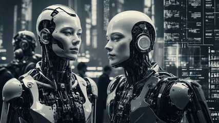 Zwei futuristische Roboter treten in Interaktion. Illustration in k&uuml;hlem monochrom Stil