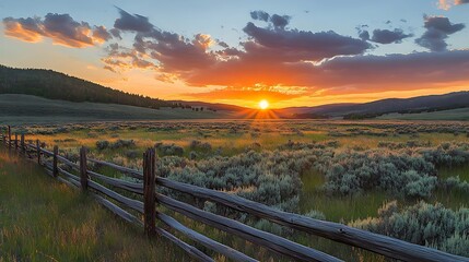Sun setting over a meadow with a wooden fence dividing the vibrant landscape