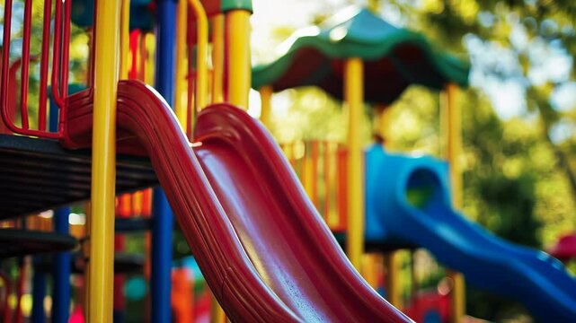 Brightly colored playground equipment with slides for children in a sunny park setting during daytime playtime