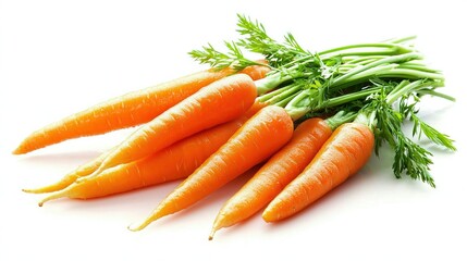   A cluster of carrots arranged on a white background with green foliage on top