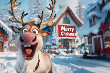 Festive Reindeer Character Cheerfully Announcing Merry Christmas Against Winter Village Scene