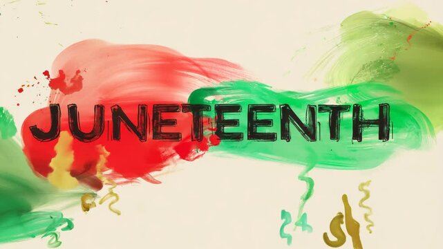 The word Juneteenth in bold red, green, and black watercolor gradient on a cream background with abstract brushstroke accents