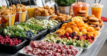 A clean catering setup featuring fresh fruits, salads, and lean meats next to a fast food table filled with fried snacks and sugary drinks.