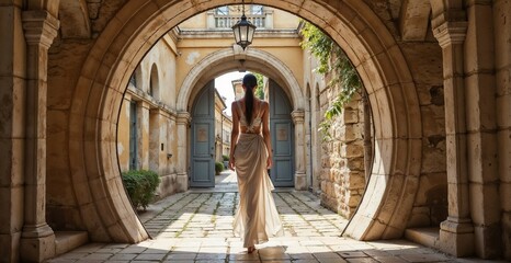 Elegant woman in a flowing dress walking through an archway in a historic stone alleyway