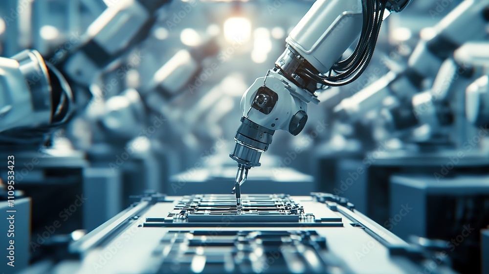 Poster a close-up of factory robotics assembling complex products with accuracy.