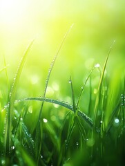Obraz premium Dew-Kissed Grass Blades in Morning Sunlight - Close-up of dew-covered grass, symbolizing freshness, nature, purity, serenity, and new beginnings.